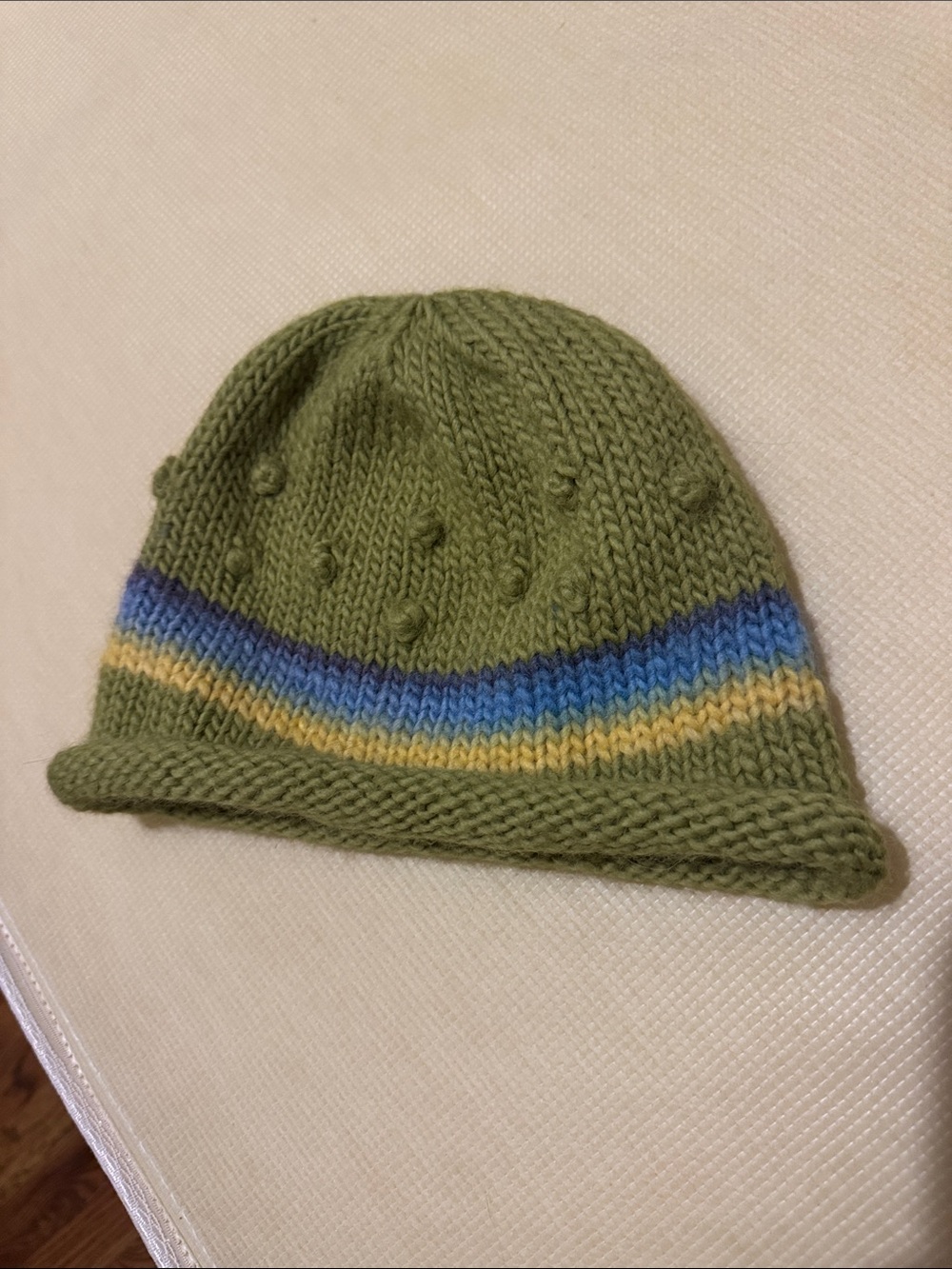 Handknit Olive Green Knit Beanie with Blue and Yellow Stripes
